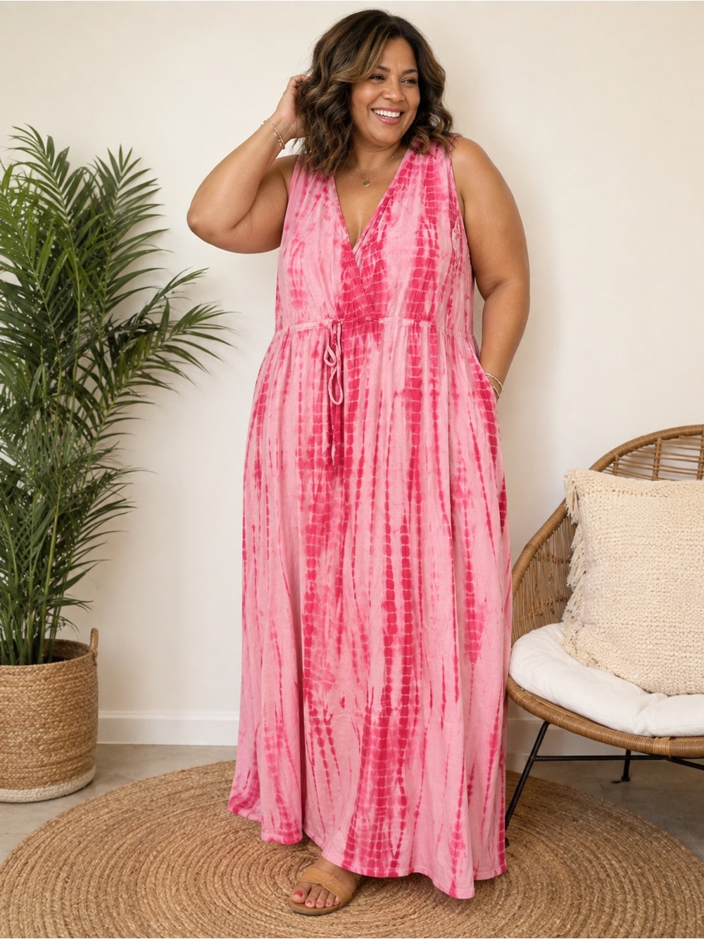 Angee Pink Tie Dye Cotton Maxi Dress Plus Size 2X Boho Festival